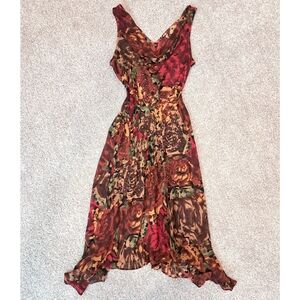 90's Vintage Hand Sewn Fairycore Brown and Red Flowy Sequin and Beaded Dress